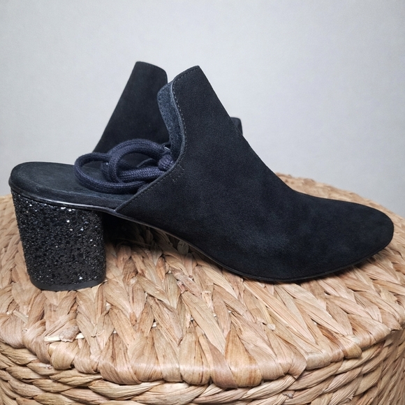 Free People Sparkler Mule Glitter Heel Black Suede Lace Back Block Heel Size 40 - Picture 3 of 12